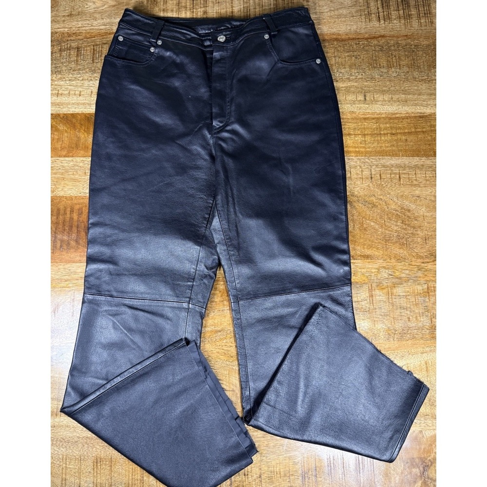 Vintage Jeanology Newport News‎ Black Genuine Leather Pants Womens 10T Cut Hem